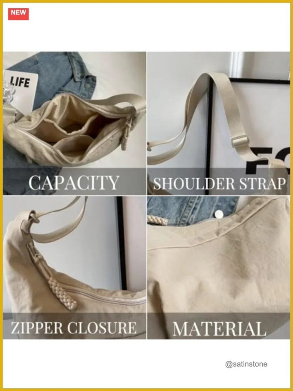 Nylon Crossbody Bag for Women, Adjustable Strap Crescent Purse